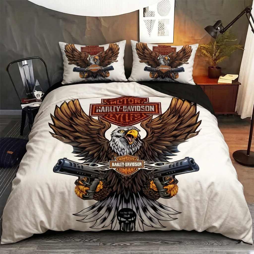 Retro Harley-Davidson style pattern 3-Piece Quilted Bedding Set