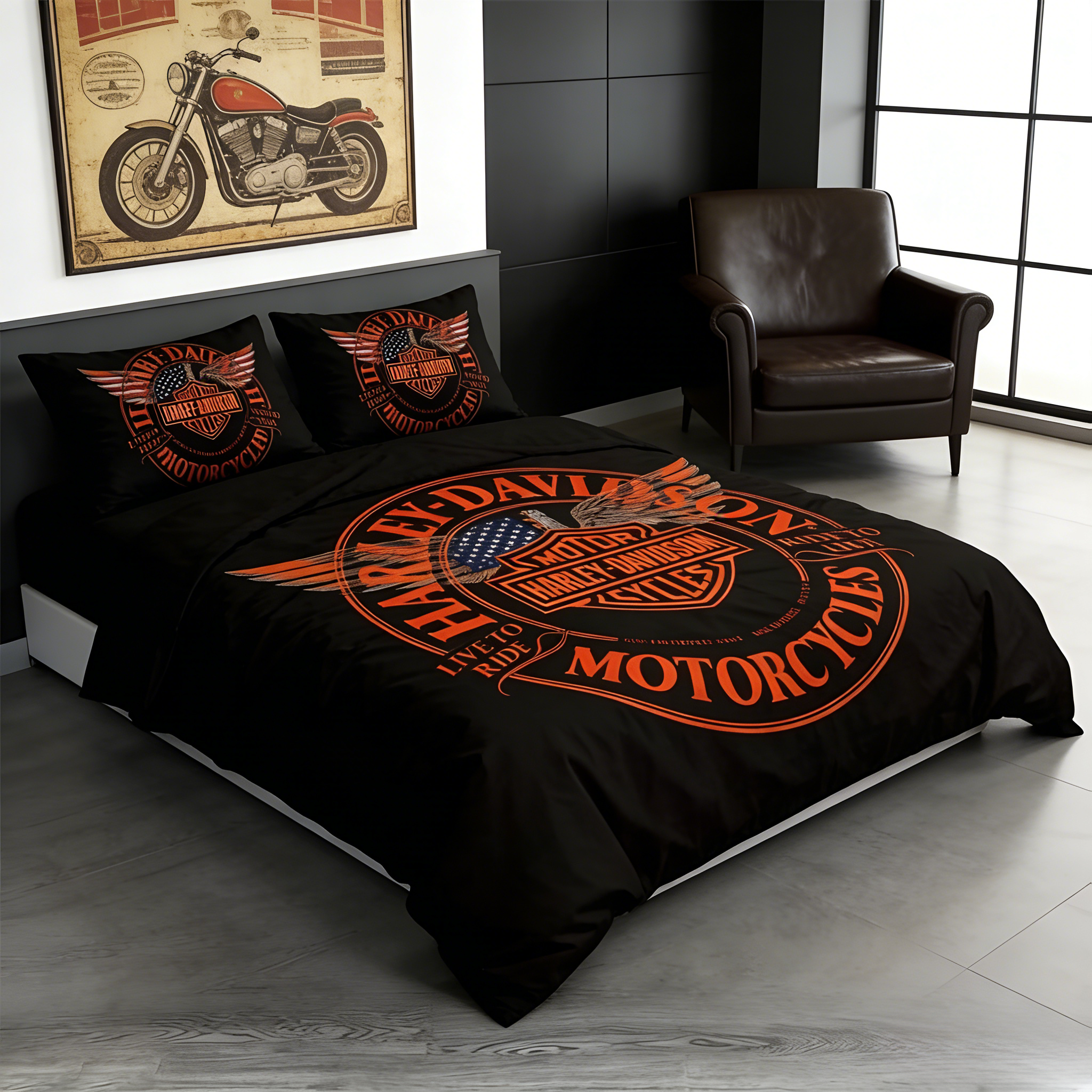 Retro Harley-Davidson style pattern 3-Piece Quilted Bedding Set