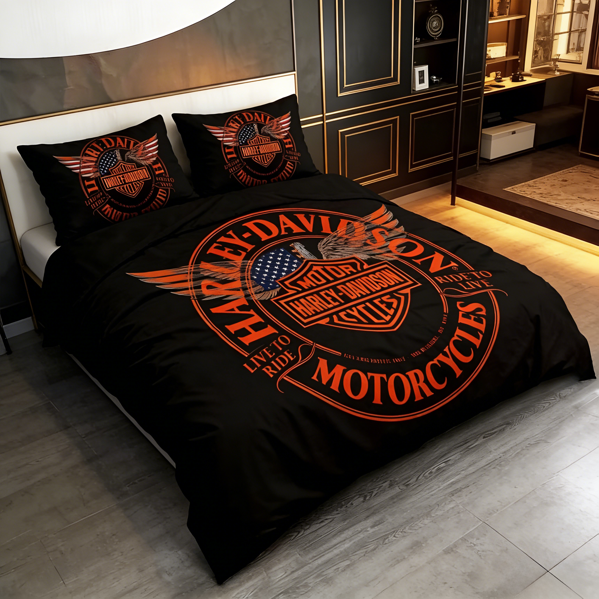 Retro Harley-Davidson style pattern 3-Piece Quilted Bedding Set