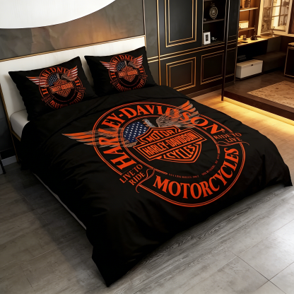 Retro Harley-Davidson style pattern 3-Piece Quilted Bedding Set