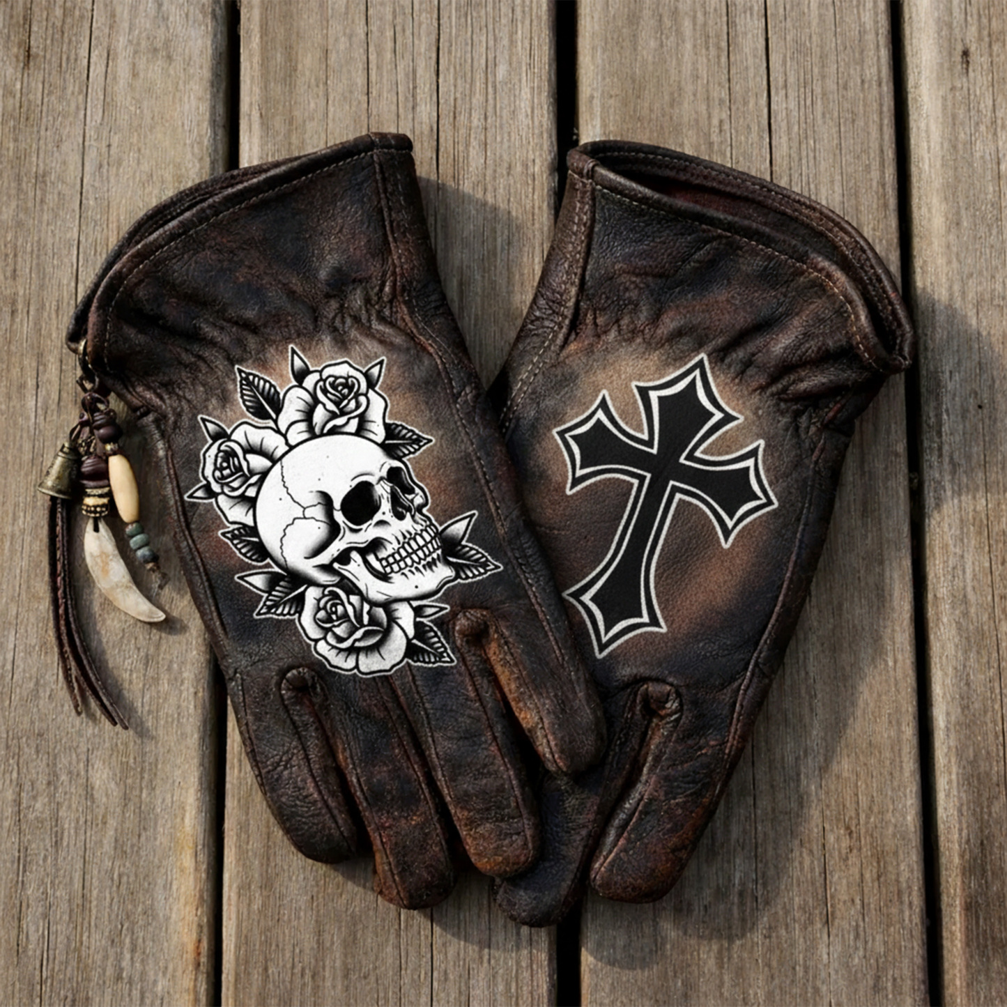 Gothic style skull leather riding gloves