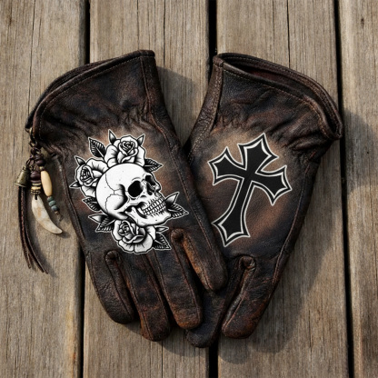 Gothic style skull leather riding gloves