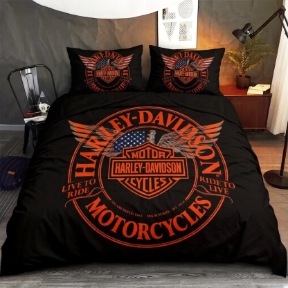 Retro Harley-Davidson style pattern 3-Piece Quilted Bedding Set