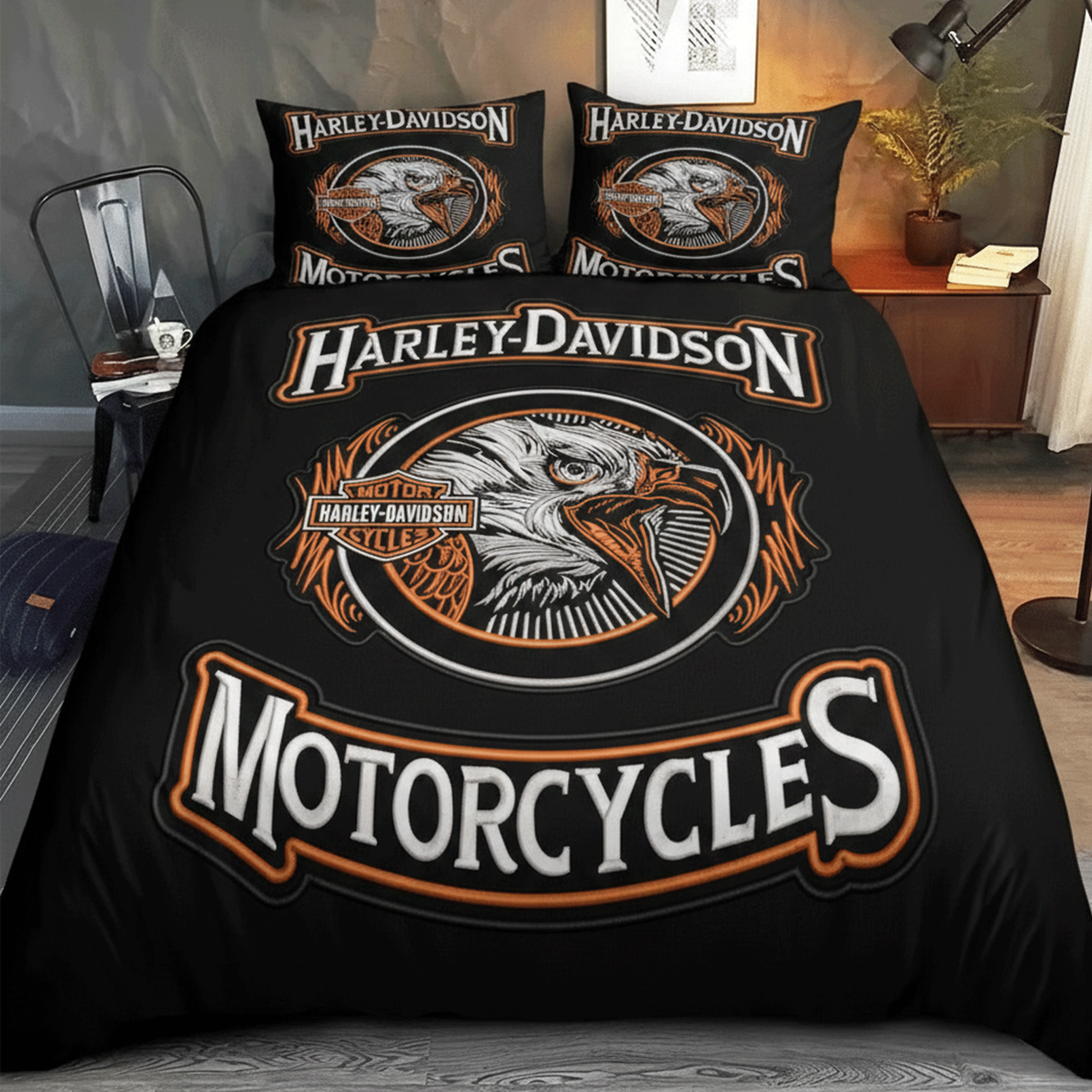 Retro Harley-Davidson style pattern 3-Piece Quilted Bedding Set