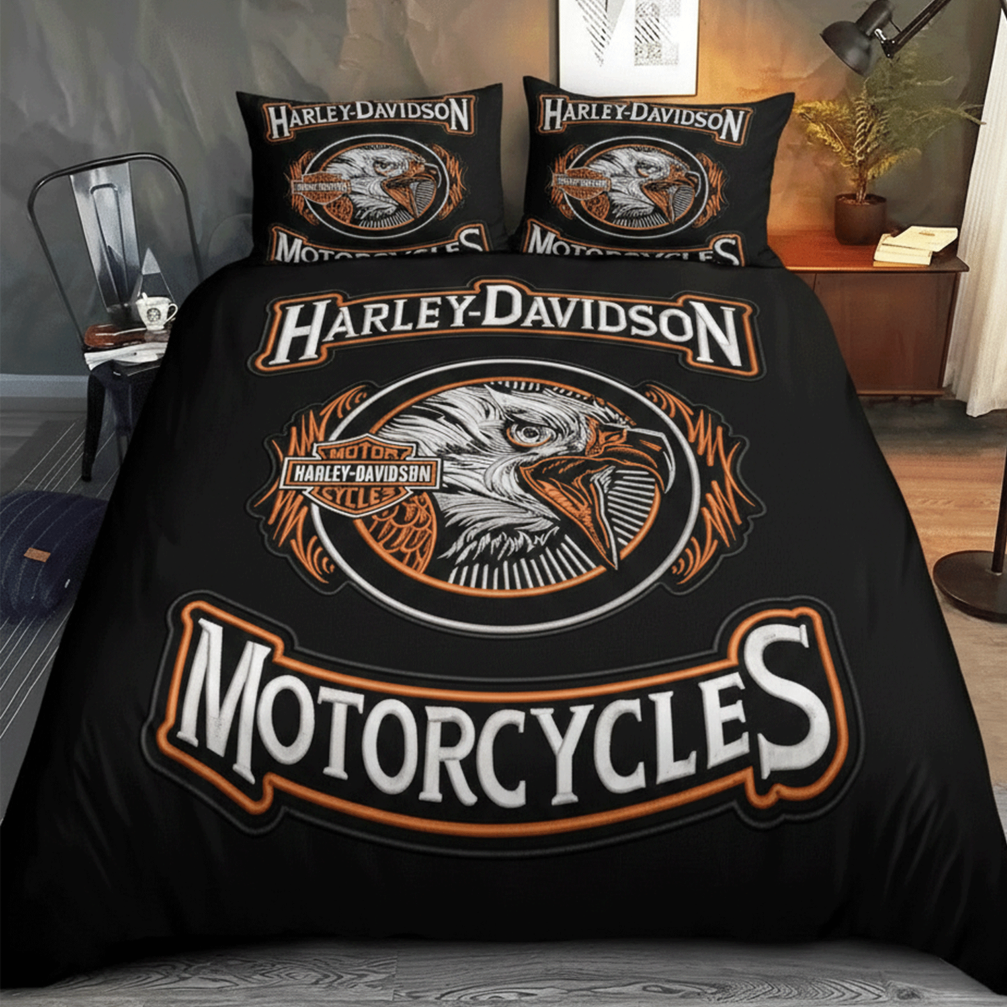 Retro Harley-Davidson style pattern 3-Piece Quilted Bedding Set