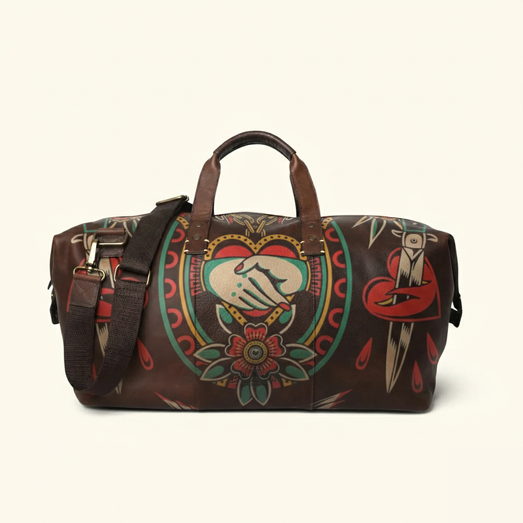 Vintage Tattoo Art Leather Edgy Graphics Duffel Bag