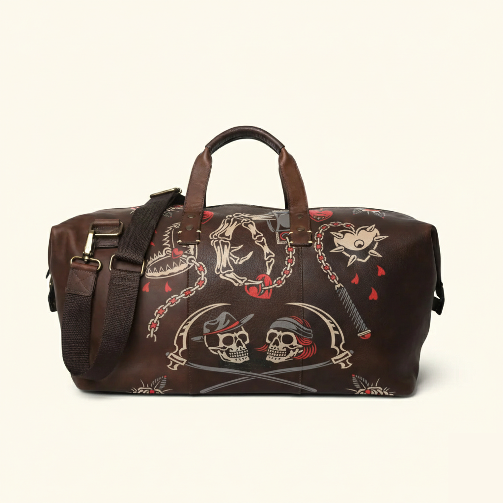 Vintage Tattoo Art Leather Edgy Graphics Duffel Bag