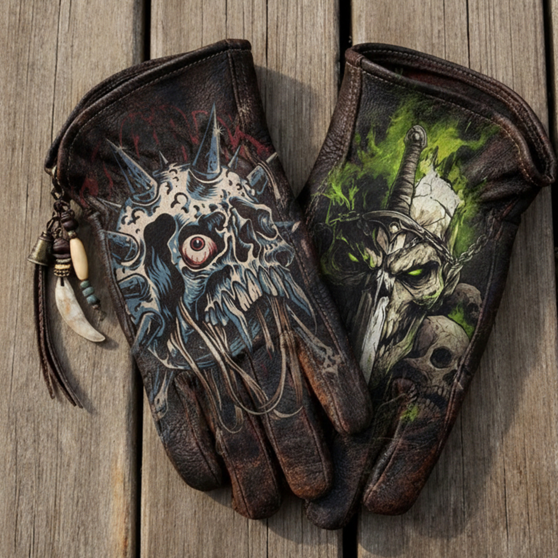 Gothic style skull leather riding gloves