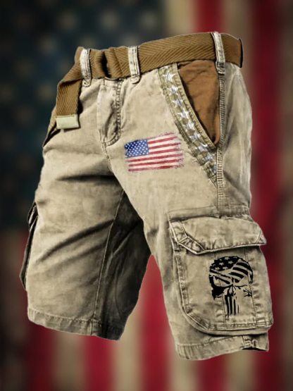 Men'S Vintage Flag Independence Day Multi-Pocket Print Cargo Shorts
