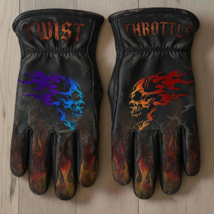 Gothic Biker Distressed Leather Blue And Red Flaming Skull Gloves