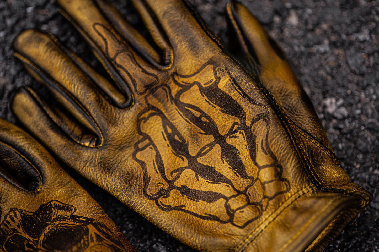 Vintage Distressed Leather Skull Printed Retro Motorcycle Riding Gloves