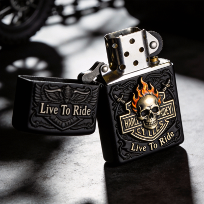Flaming Skull - Matte Black "Live To Ride" Tactical Lighter