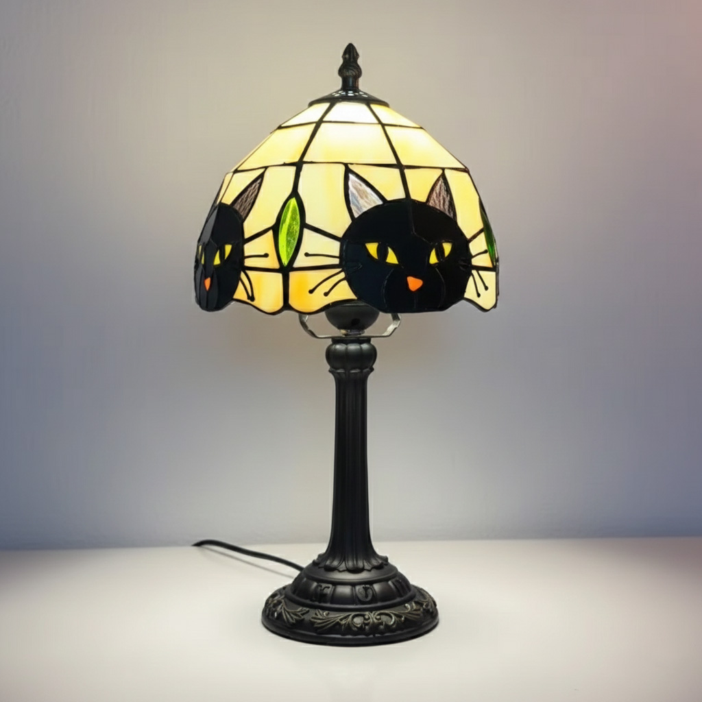 Tiffany Style Black Cat Stained Glass Vintage Bedside Table Lamp