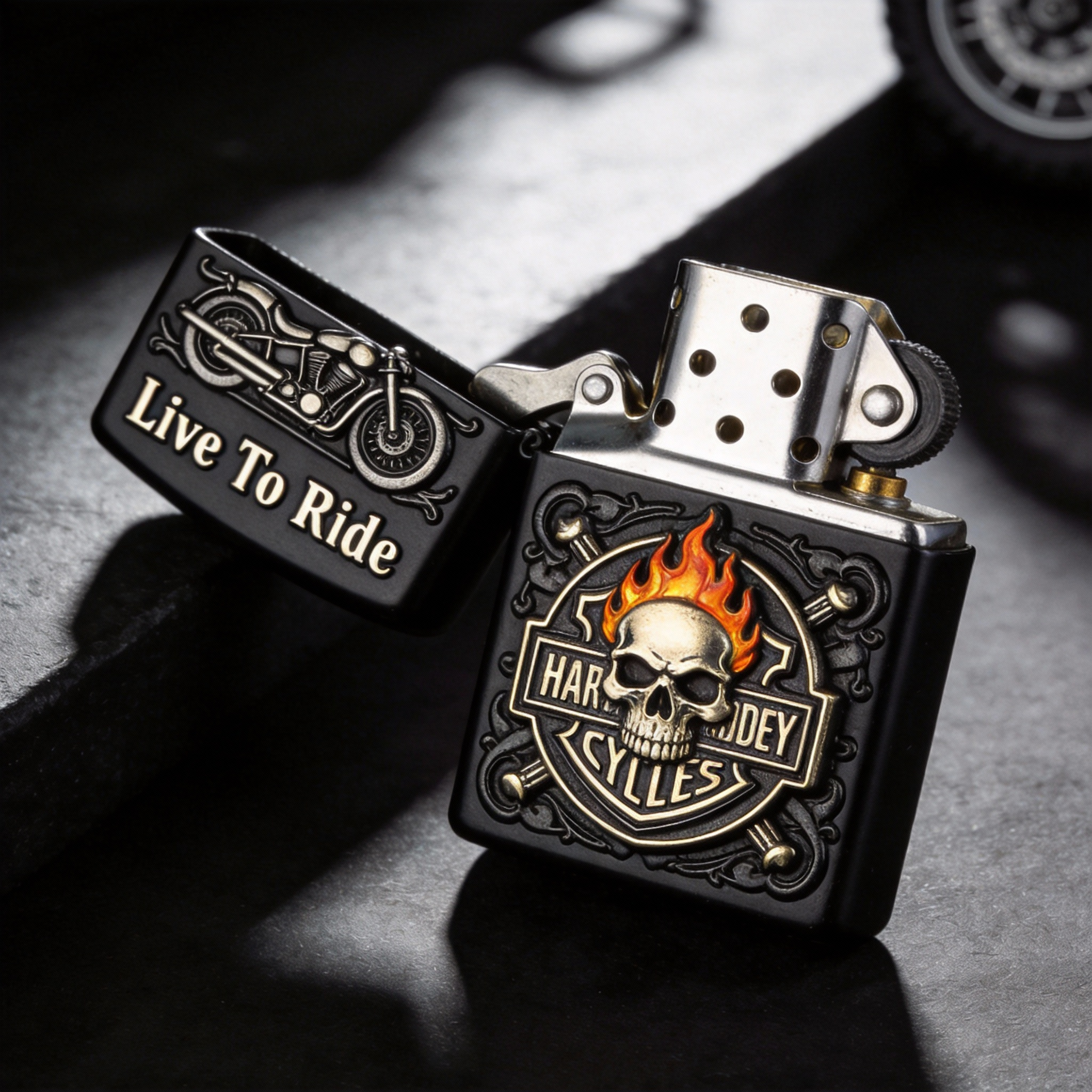 Flaming Skull - Matte Black "Live To Ride" Tactical Lighter