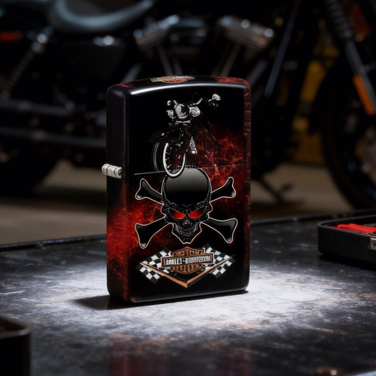 Gothic Inferno Style Harley Motorcycle Red Flame Skull Metal Lighter