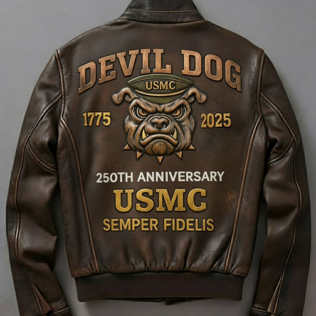 Retro Distressed Devil Dog Military Style Tough Guy Leather Coat