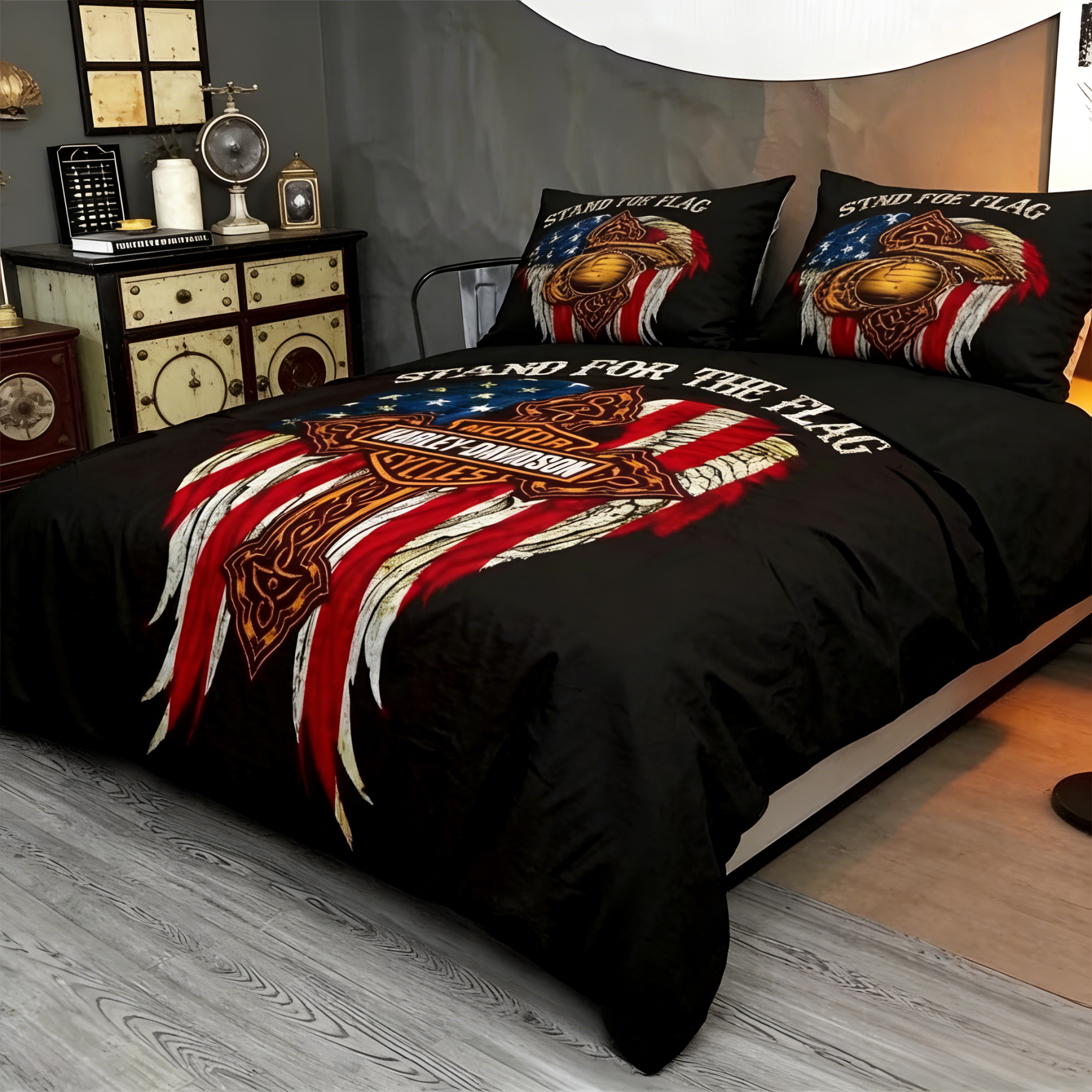 Retro Harley-Davidson style pattern 3-Piece Quilted Bedding Set