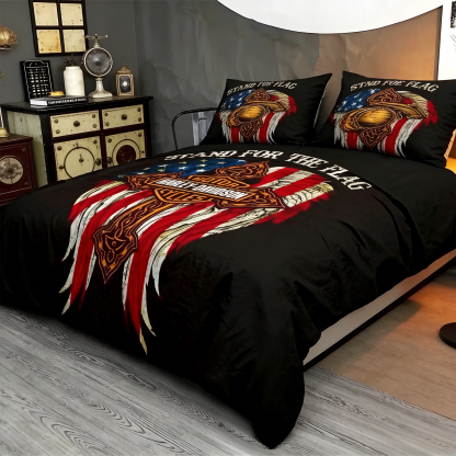 Retro Harley-Davidson style pattern 3-Piece Quilted Bedding Set