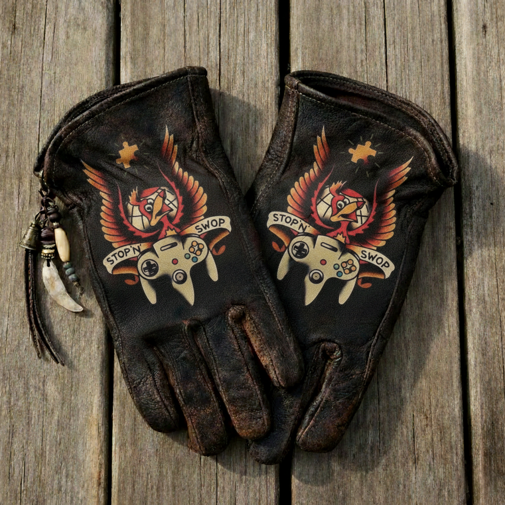 Retro Gamer Distressed Leather Gloves with Cartoon Bird Art