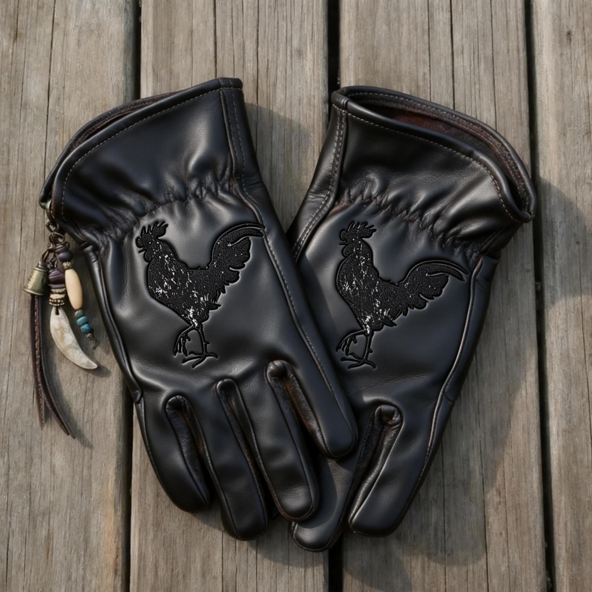 Custom Hand-Painted Rooster Leather Gloves – Distressed Vintage Style