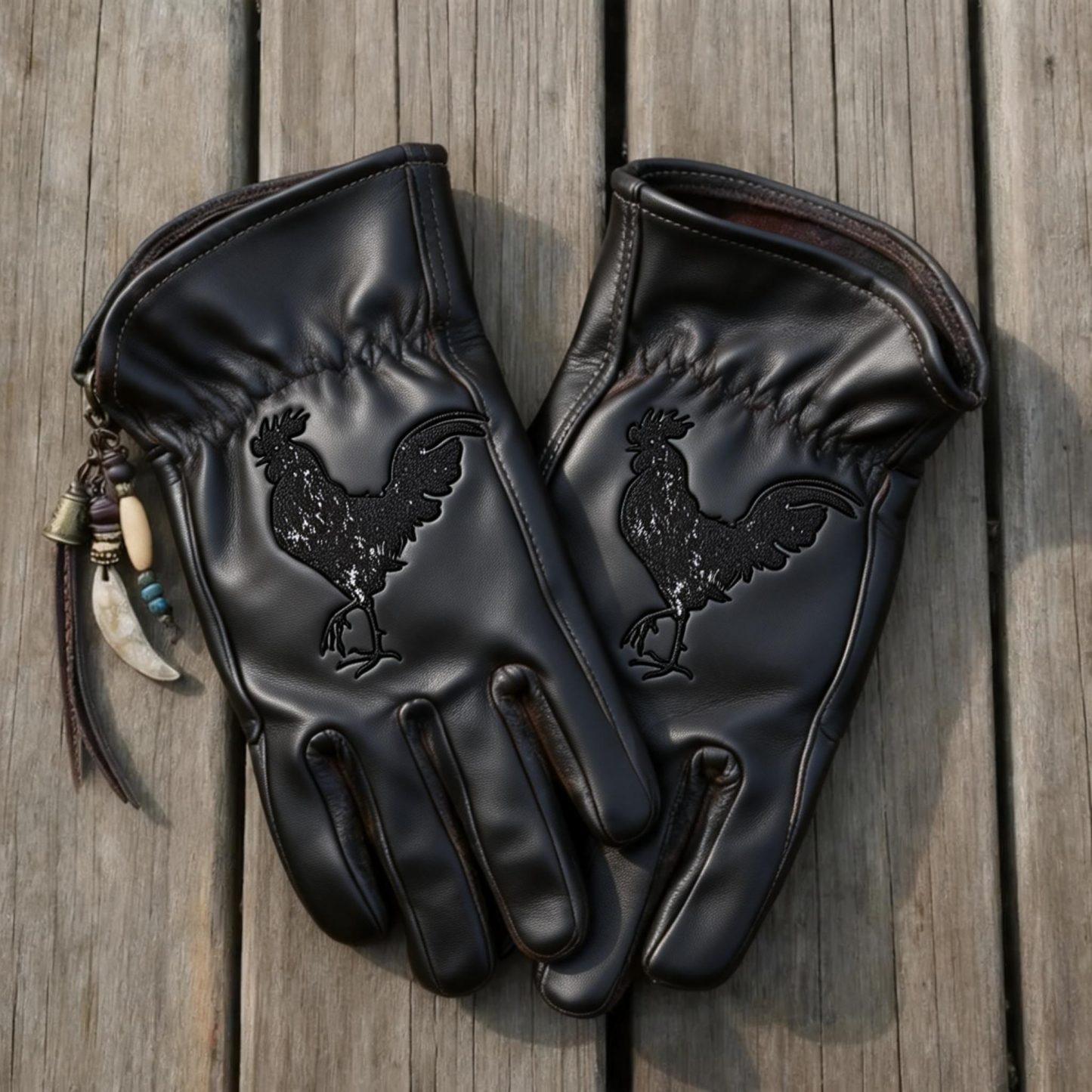 Custom Hand-Painted Rooster Leather Gloves – Distressed Vintage Style
