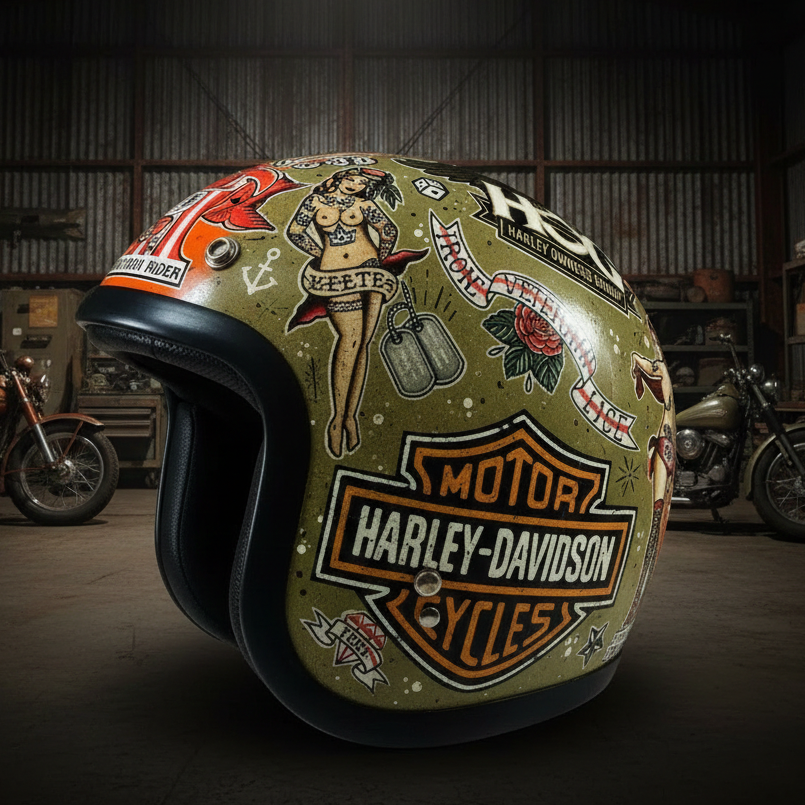 Vintage Tattoo Style Distressed Olive Green Open Face Helmet