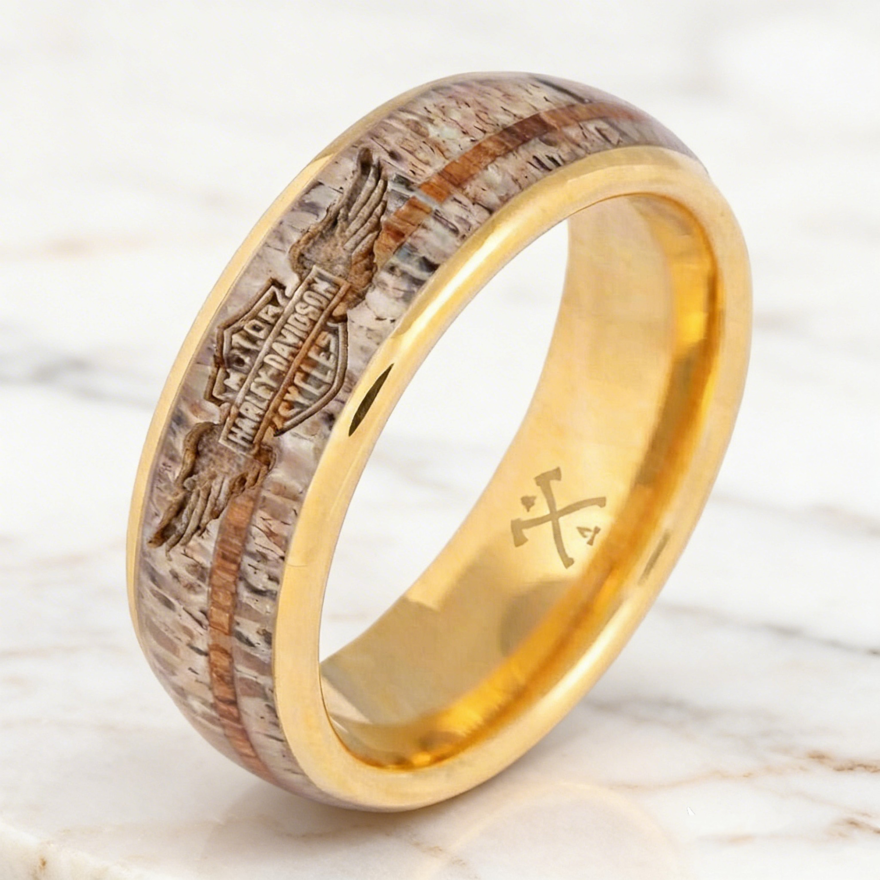 Rugged Style Antler Grain Band With Winged Shield Logo Ring