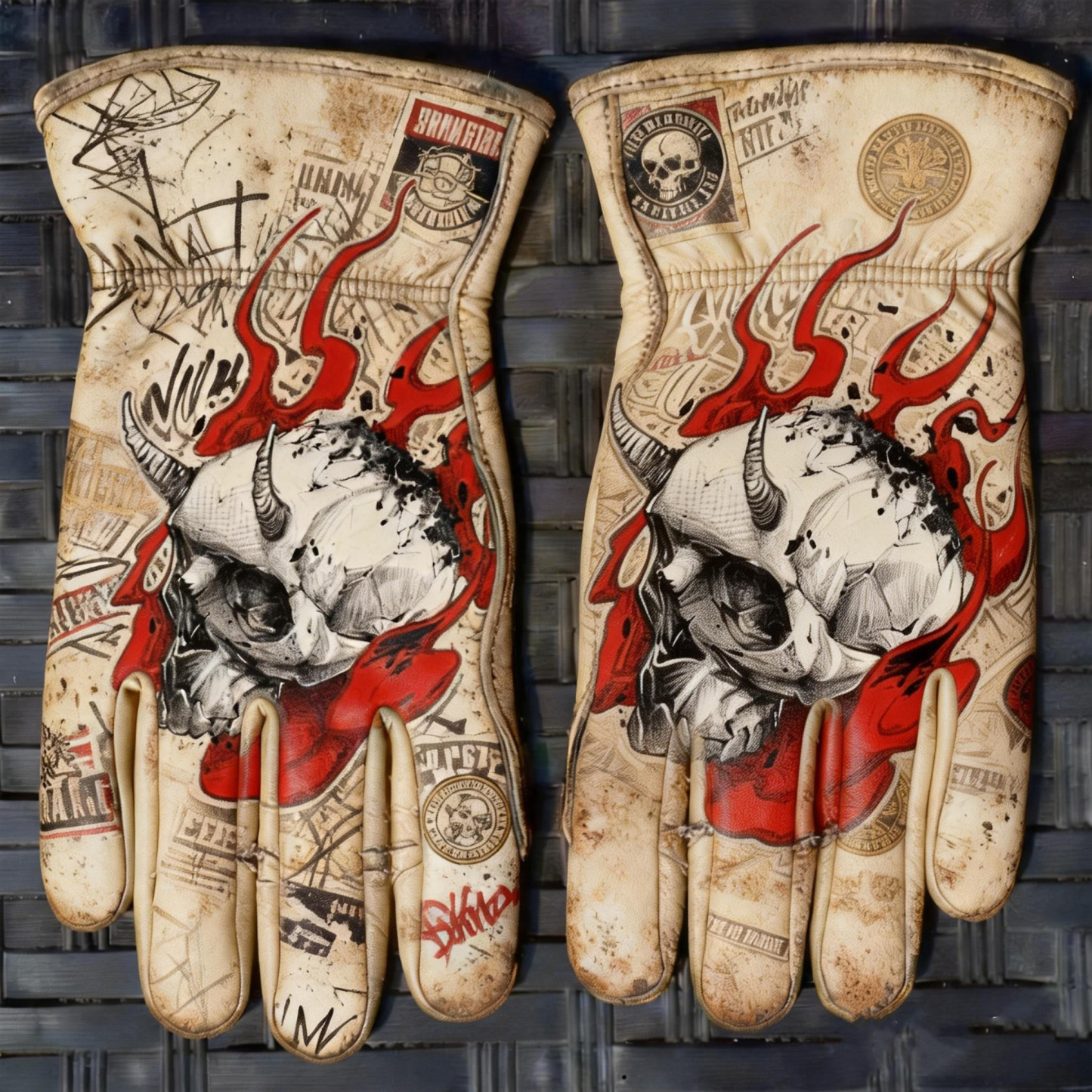 Street Graffiti Style Horned Skull Flame Graphic Riding Gloves