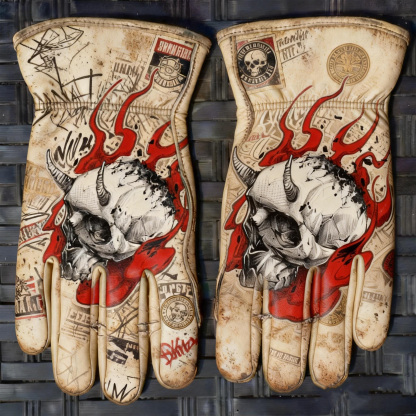 Street Graffiti Style Horned Skull Flame Graphic Riding Gloves