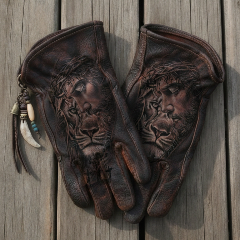 Bohemian Tribal Distressed Leather Engraved Jesus Lion Face Motorcycle Riding Gloves