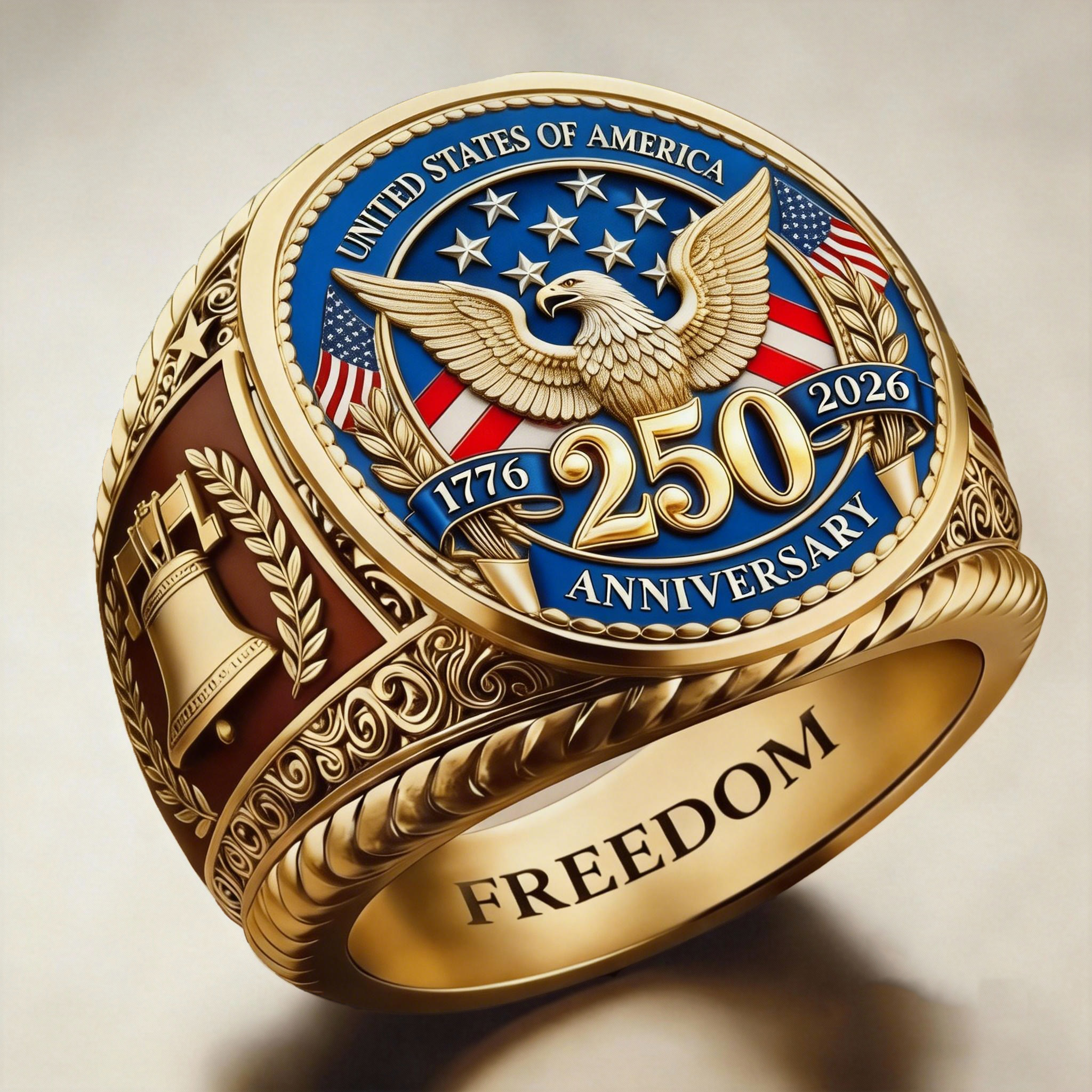 Majestic Patriotic US 250th Anniversary Liberty Bell Gold Ring