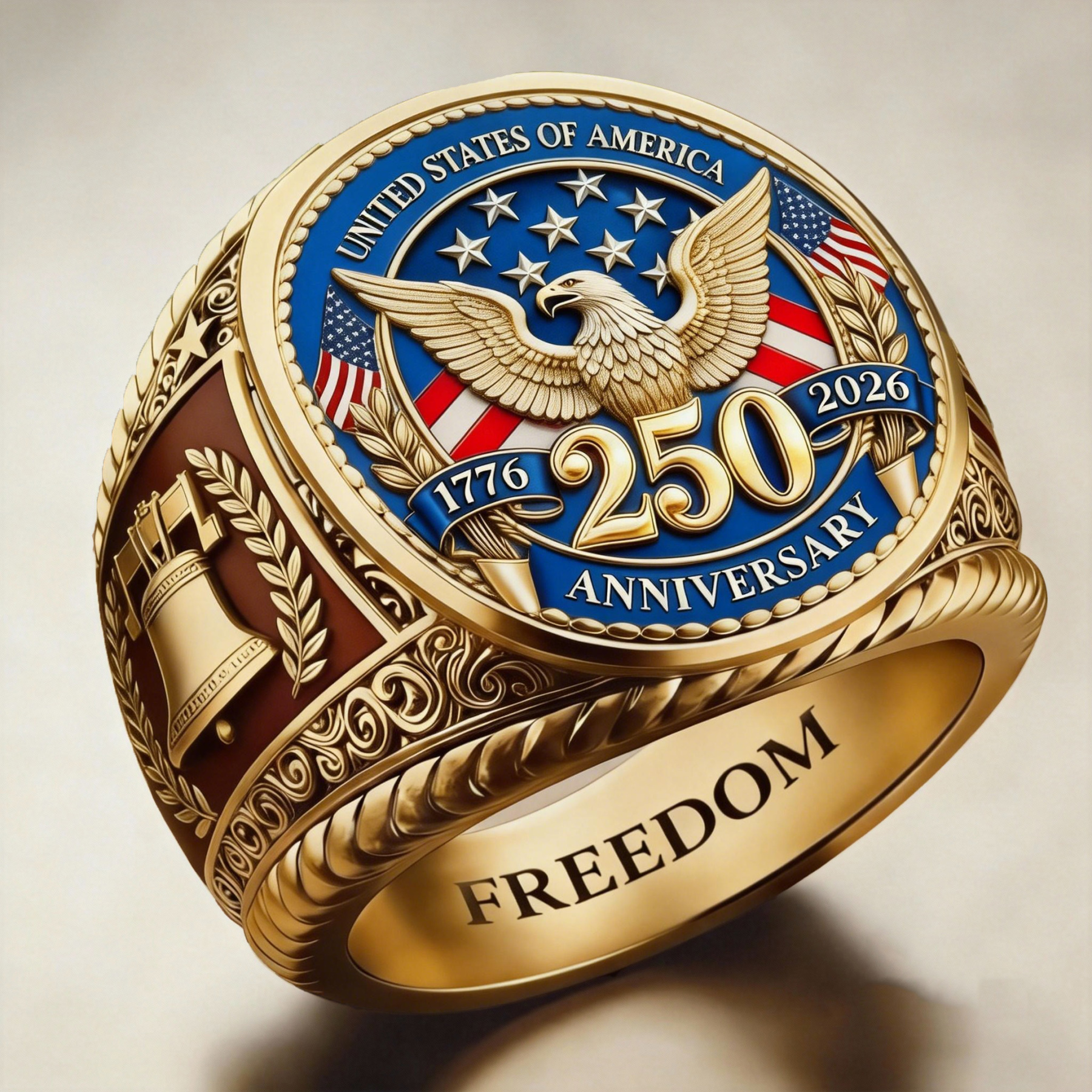 Majestic Patriotic US 250th Anniversary Liberty Bell Gold Ring
