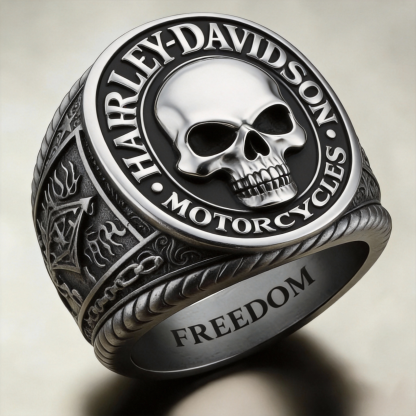 Biker gothic silver skull head engraved freedom motorcycle signet ring