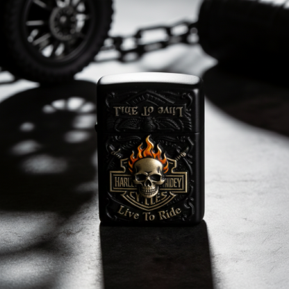 Flaming Skull - Matte Black "Live To Ride" Tactical Lighter