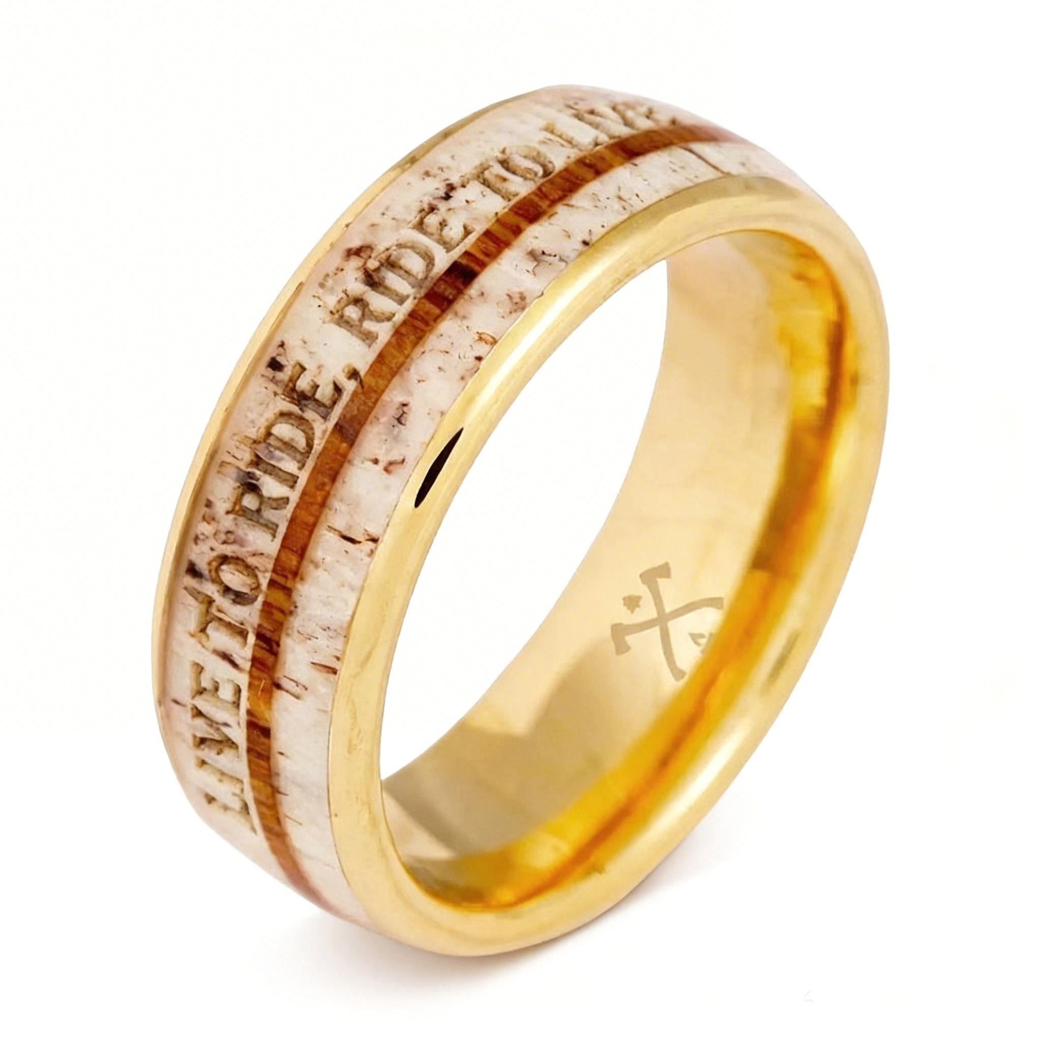 Biker Style Gold Band Engraved Live To Ride Motto Ring