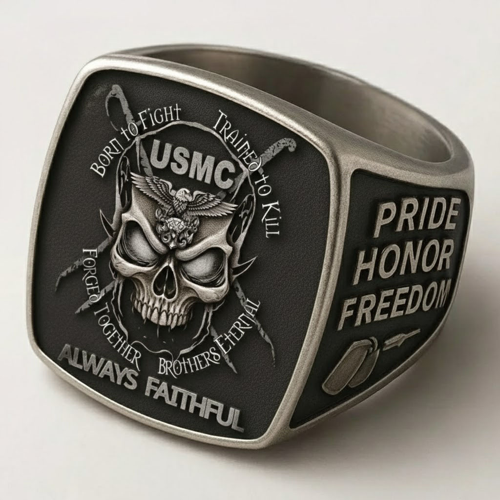 USMC Skull Cross Swords Military Ring