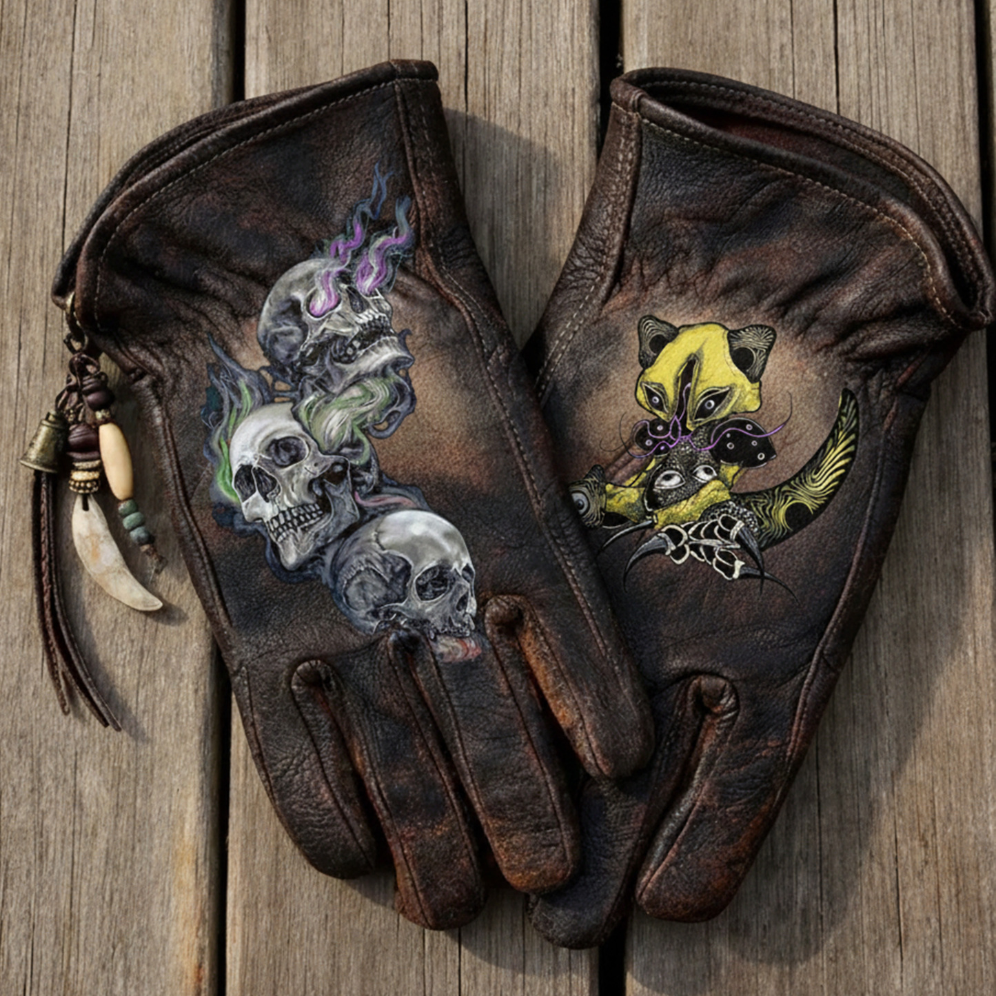 Gothic style skull leather riding gloves