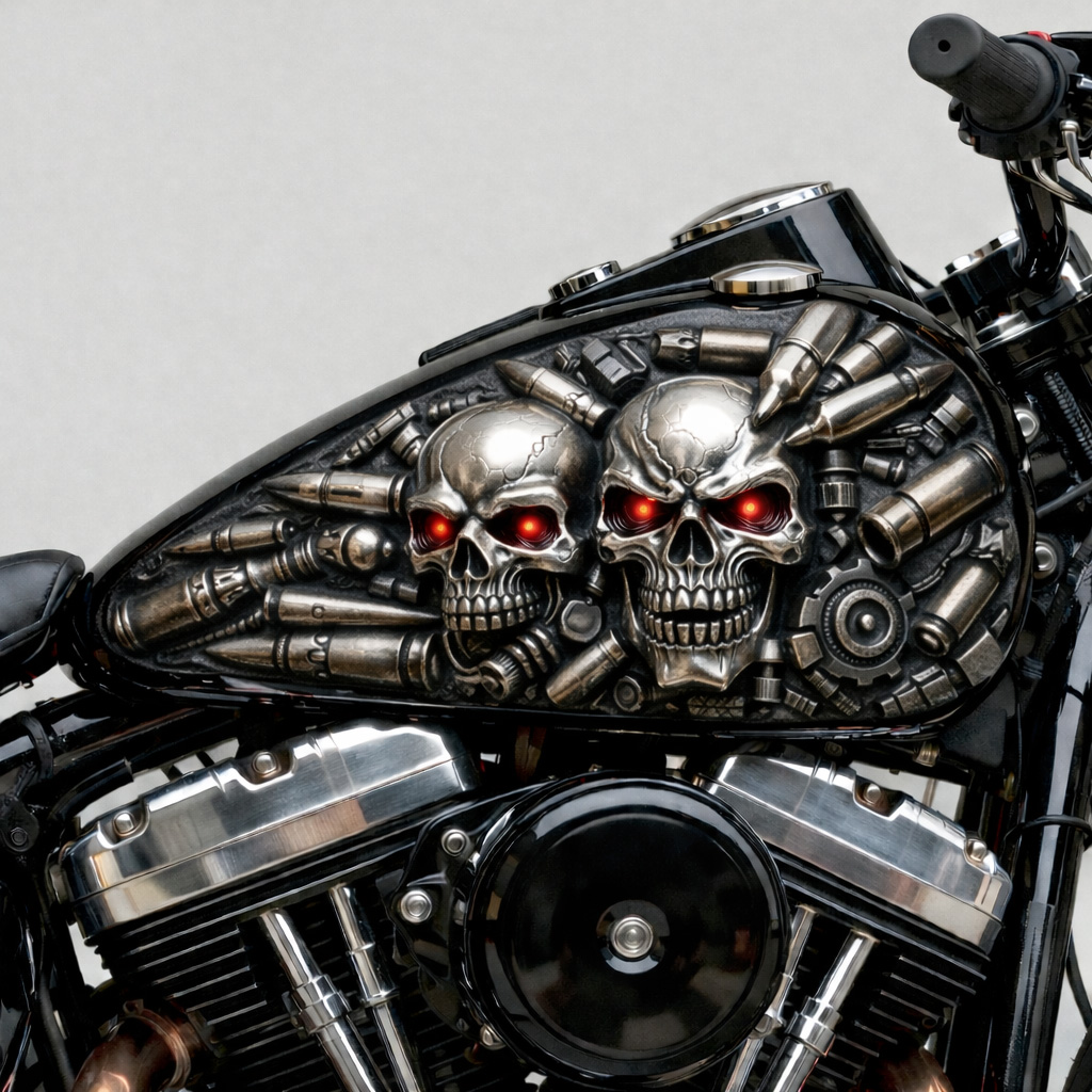 Mechanical dual skulls with silver bullets fuel tank decal