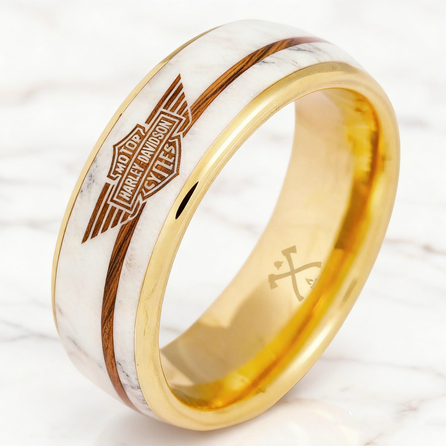 Biker Style Gold Band With Winged Emblem Marble Ring