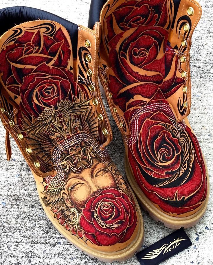 Artistic Tattoo Style Hand-Painted Rose Leather Work Boots