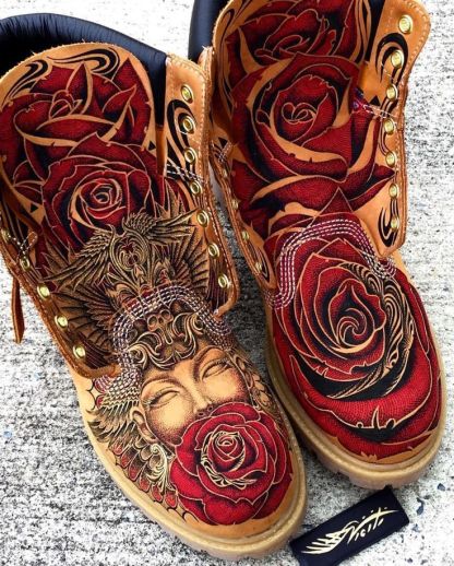 Artistic Tattoo Style Hand-Painted Rose Leather Work Boots