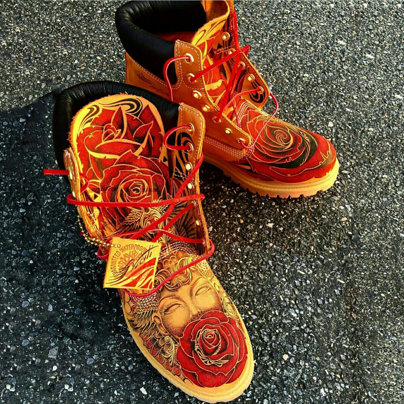 Artistic Tattoo Style Hand-Painted Rose Leather Work Boots