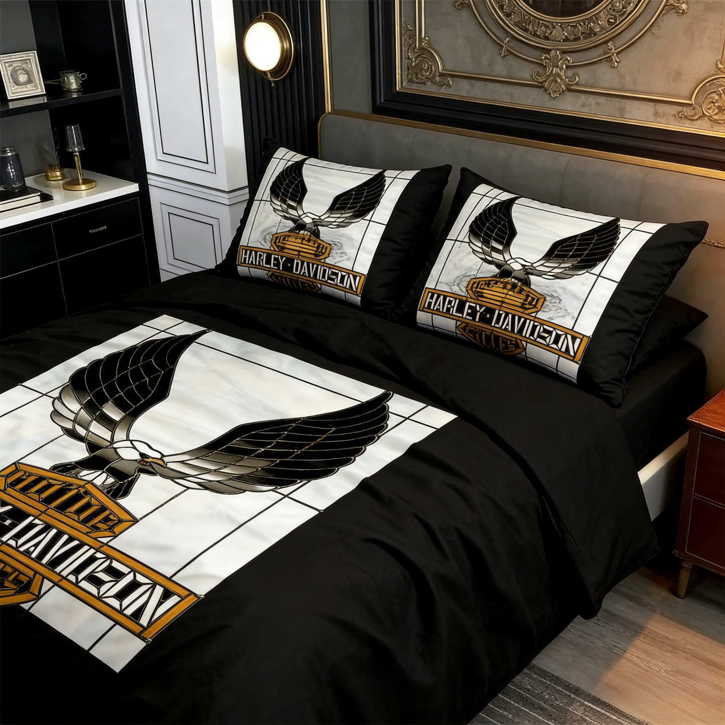 Retro Harley-Davidson style pattern 3-Piece Quilted Bedding Set