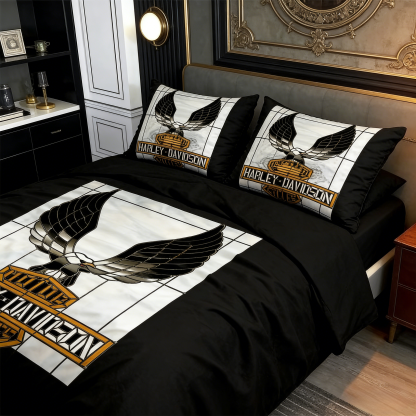 Retro Harley-Davidson style pattern 3-Piece Quilted Bedding Set