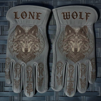 Nordic Tribal Lone Wolf Grey Leather Motorcycle Riding Gloves