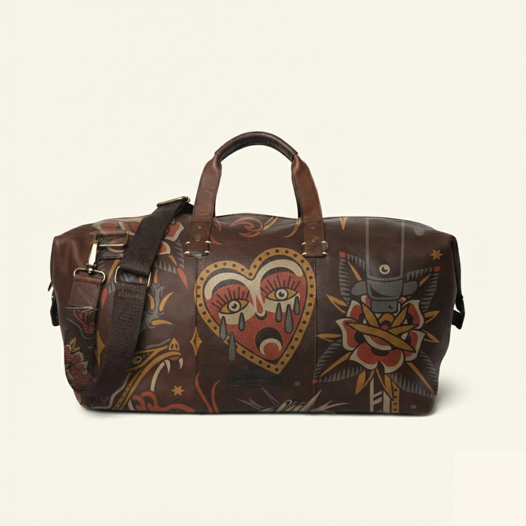 Vintage Tattoo Art Leather Edgy Graphics Duffel Bag