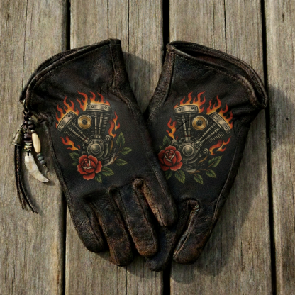 Vintage Distressed Leather Motorbike Gloves with Flame Engine Graphics
