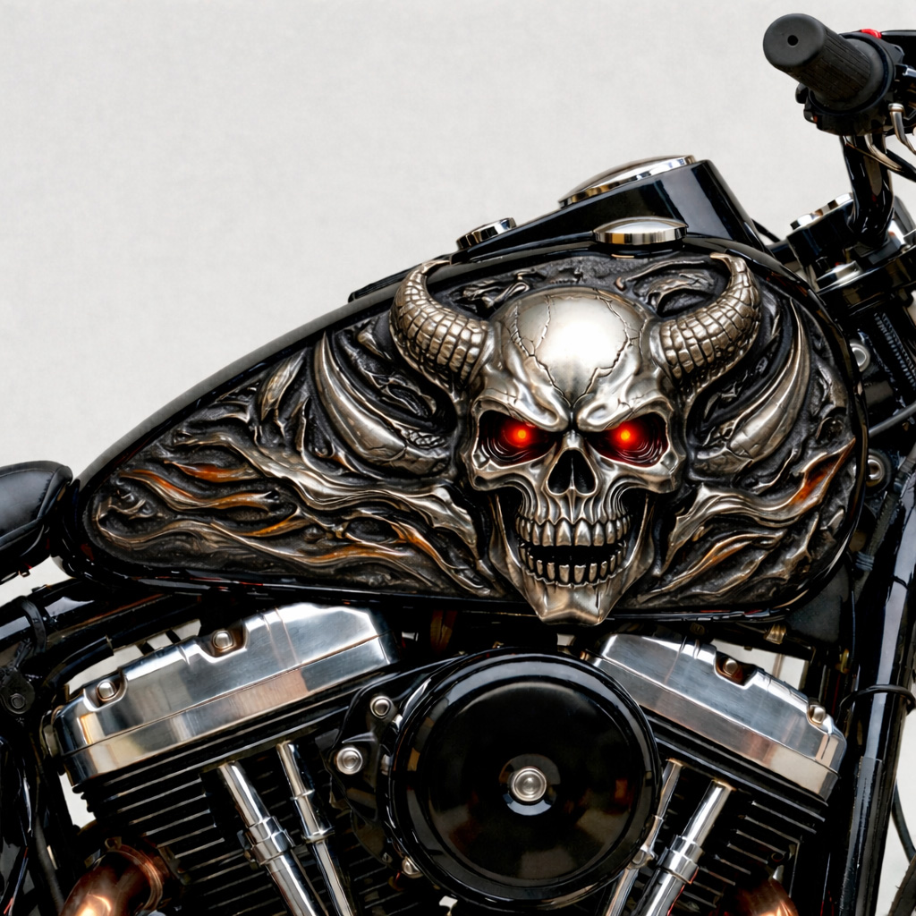 Gothic demonic horned skull with flaming embers gas tank decal