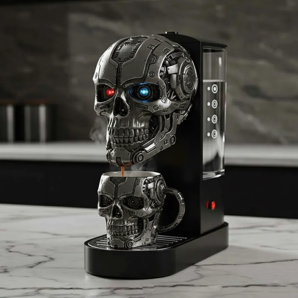 Dark Aesthetic Tech-style Skull Head Coffee Maker for Expressive Living Spaces
