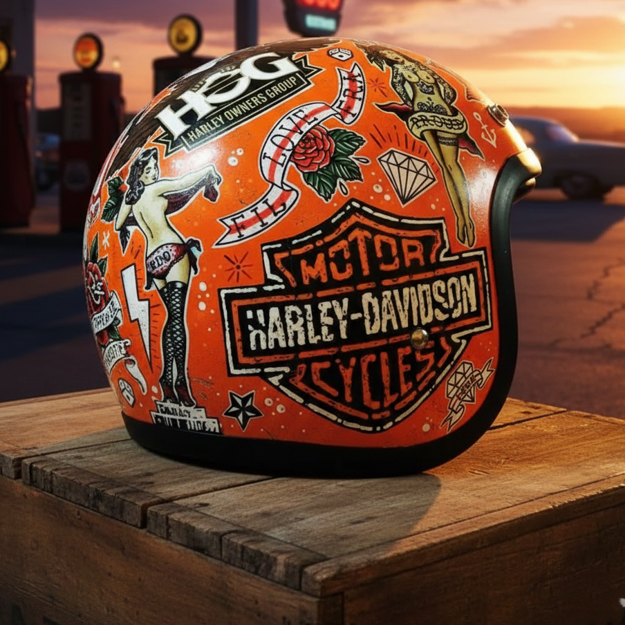 Old School Tattoo Style Pin-up Girl Orange Open Face Helmet